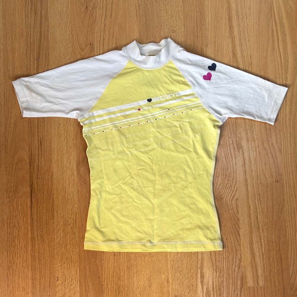 Roxy White and Yellow Surf Swim Rash Guard Shirt S